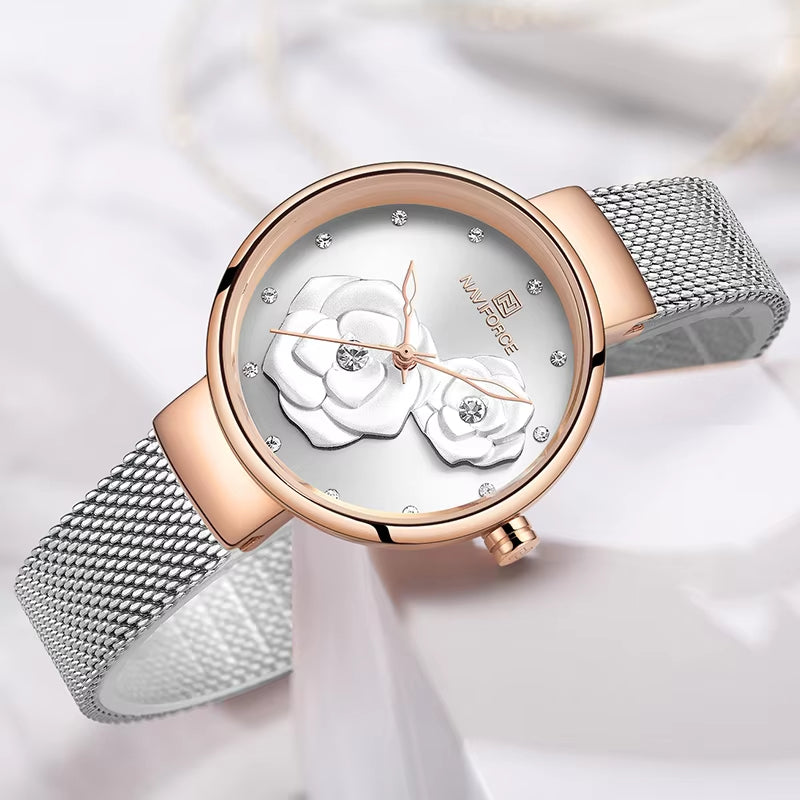 Women Watch Top Luxury Brand Steel Mesh Waterproof Ladies Watches Flower Quartz Female Wristwatch Charming Girl Clock
