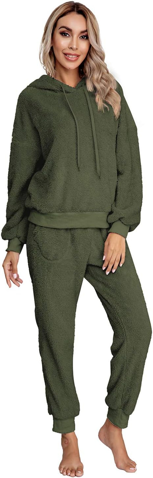 Womens Fuzzy Sherpa Fleece Pajamas Set, Long Sleeve Hoodies Pajama Pants 2 Piece Outfits Loungewear Sleepwear