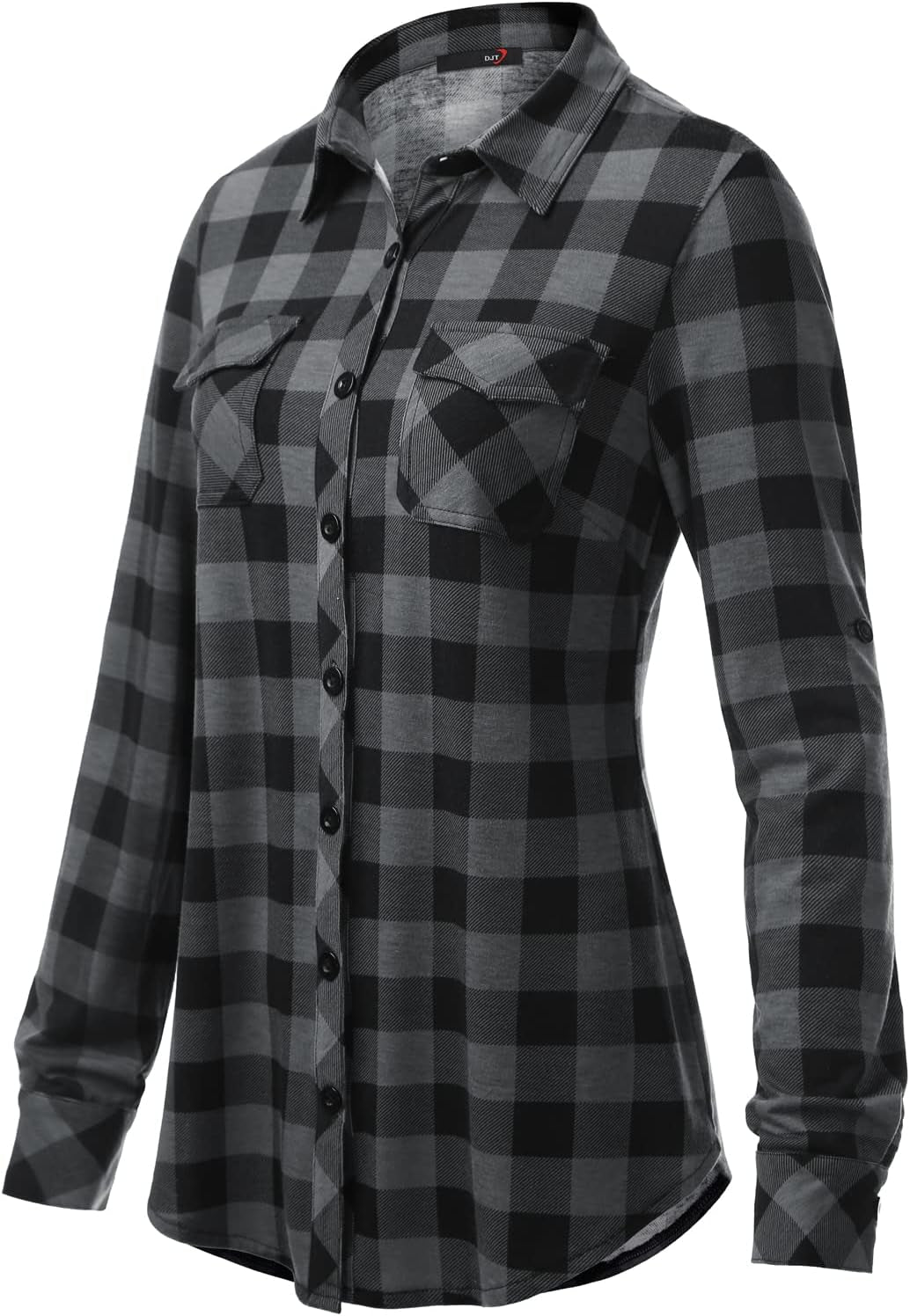 Women’S Roll up Long Sleeve Collared Button down Plaid Shirt