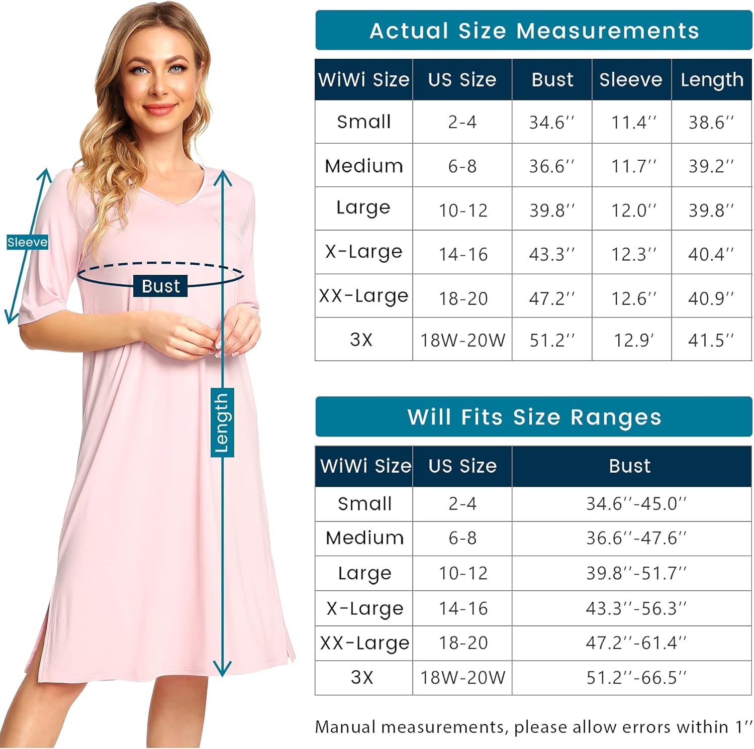 Women'S Nightgowns Soft Bamboo Pajamas 3/4 Sleeves Sleep Shirt Lightweight Nightshirts plus Size Sleepwear S-4X