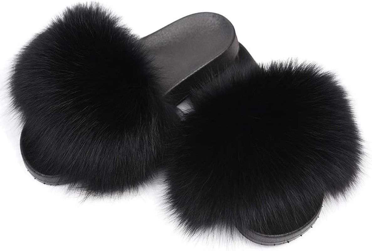 Real Fox Fur Slides for Women - Furry Slides Fluffy Fur Slippers Open Toe Flat Slides Fur Sandals Outdoor