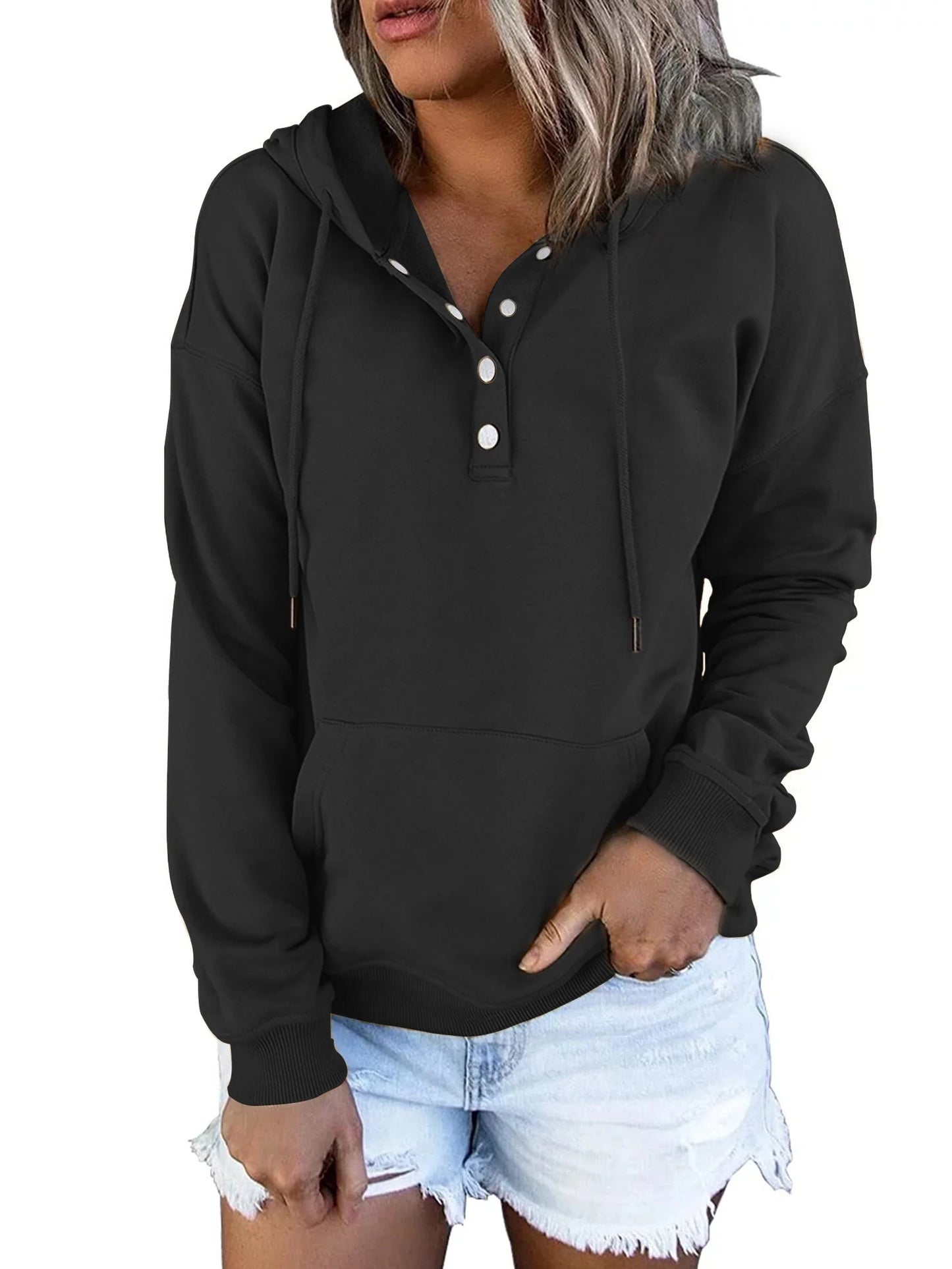 Half Boutton Womens Hoodies Drawstring Hooded Sweatshirts for Woman with Pocket