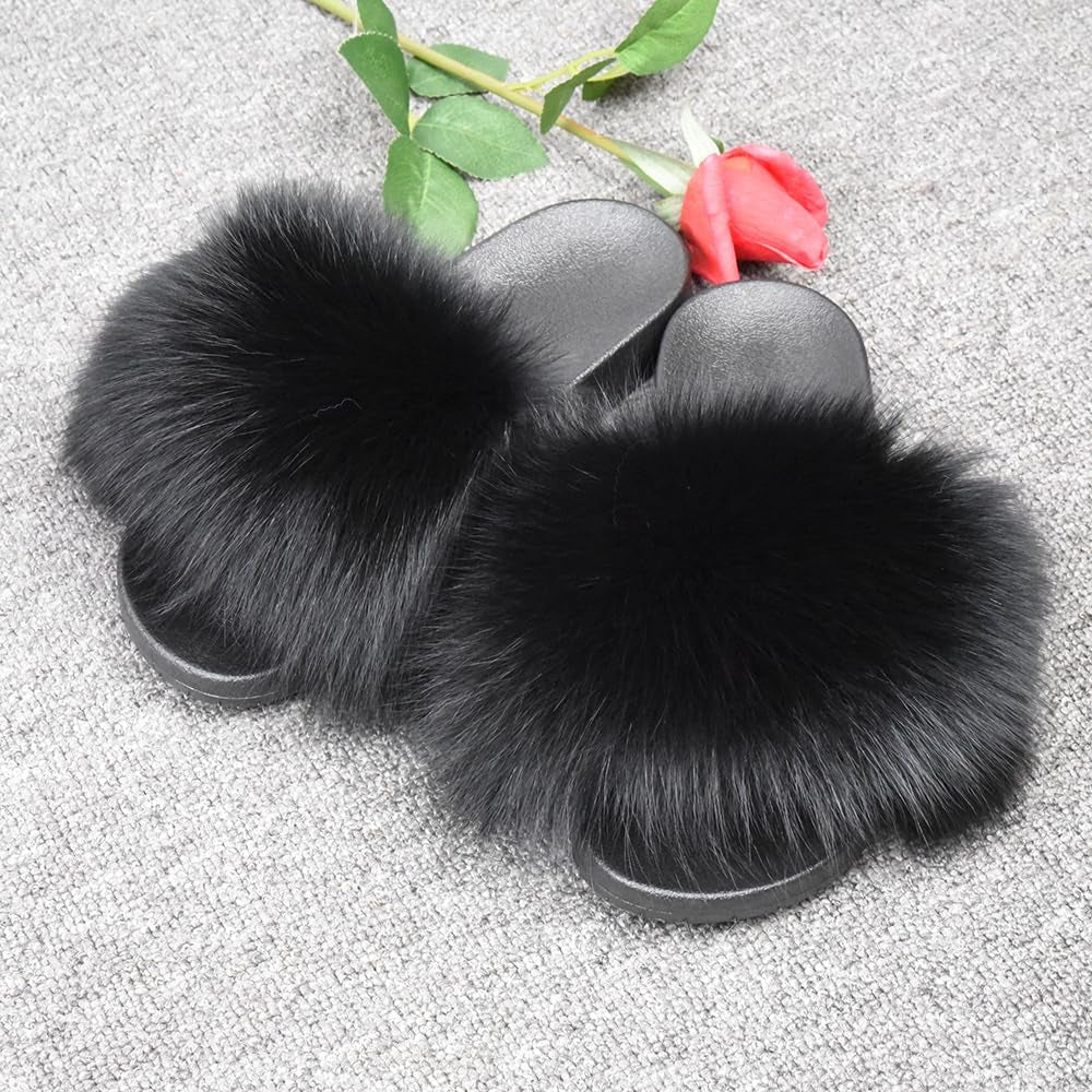 Real Fox Fur Slides for Women - Furry Slides Fluffy Fur Slippers Open Toe Flat Slides Fur Sandals Outdoor