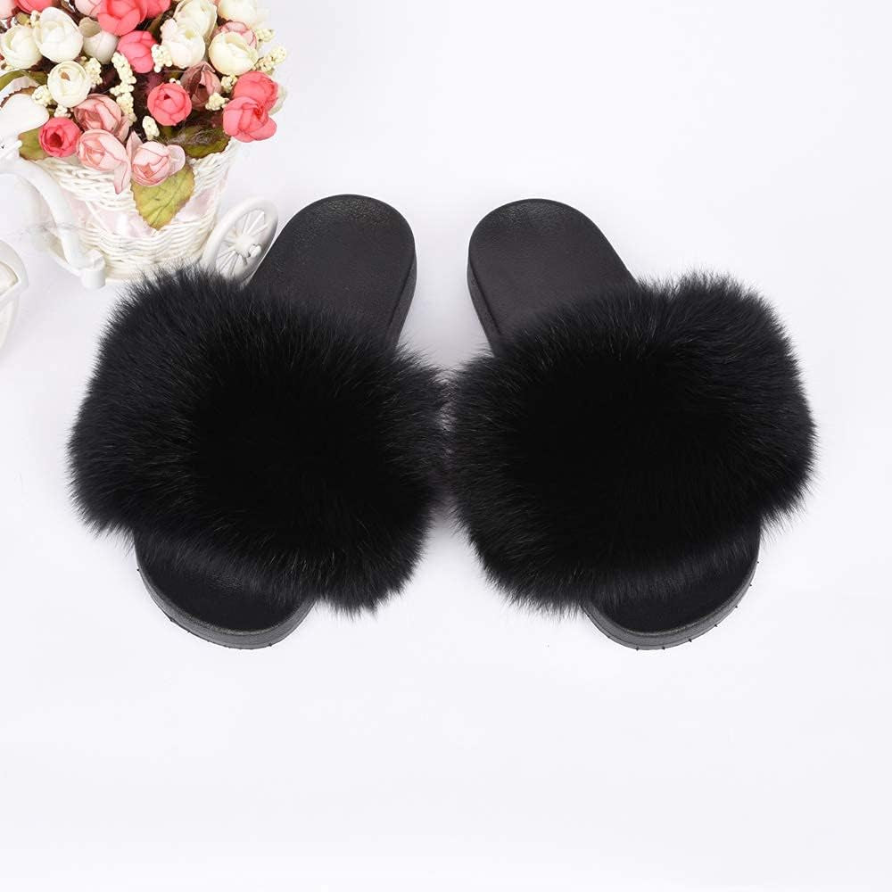 Real Fox Fur Slides for Women - Furry Slides Fluffy Fur Slippers Open Toe Flat Slides Fur Sandals Outdoor