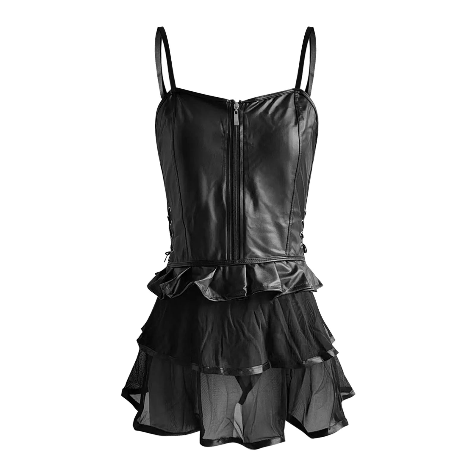 PU Leather Zipper Exotic Dresses Mesh See through Lace up Women Sexi Babydoll Temptation Exotic Costumes Backless Nightdress