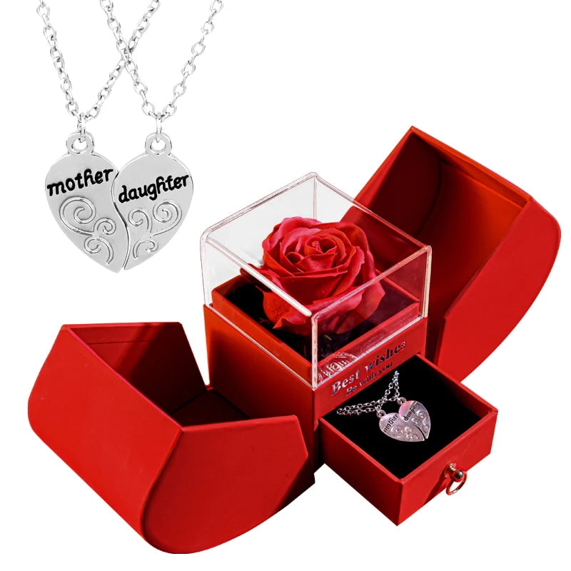 Gift for Women Eternal Rose Gift Box /W Heart Shiny Diamond Necklace Pendant Jewelry Box Set for Wedding Birthday Gift