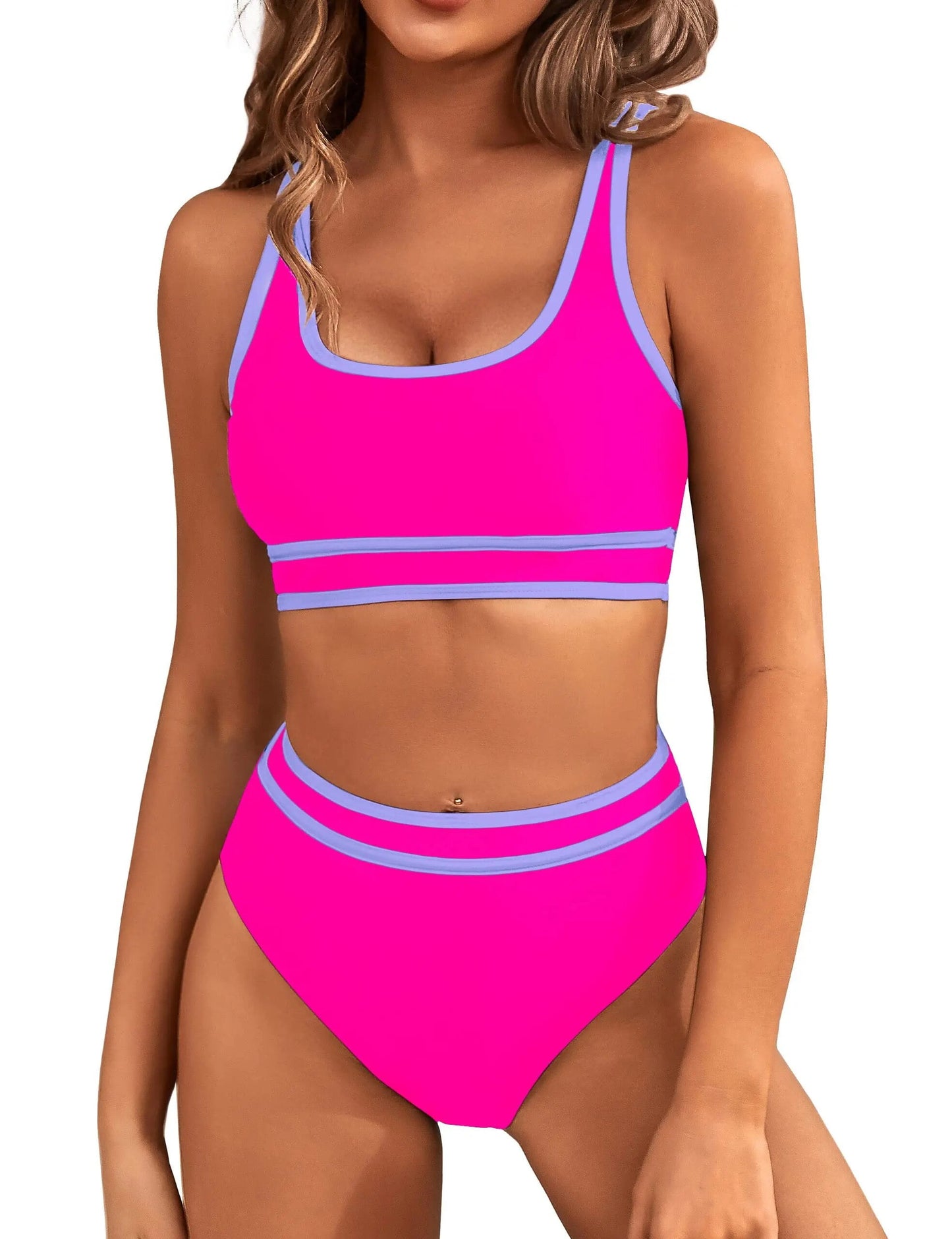 High Waisted Womens Bikini Sets Sporty Two Piece Swimsuits for Women Color Block High Cut Bathing Suits
