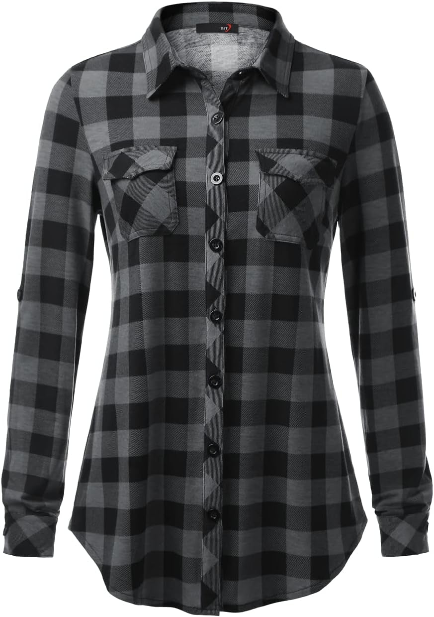 Women’S Roll up Long Sleeve Collared Button down Plaid Shirt