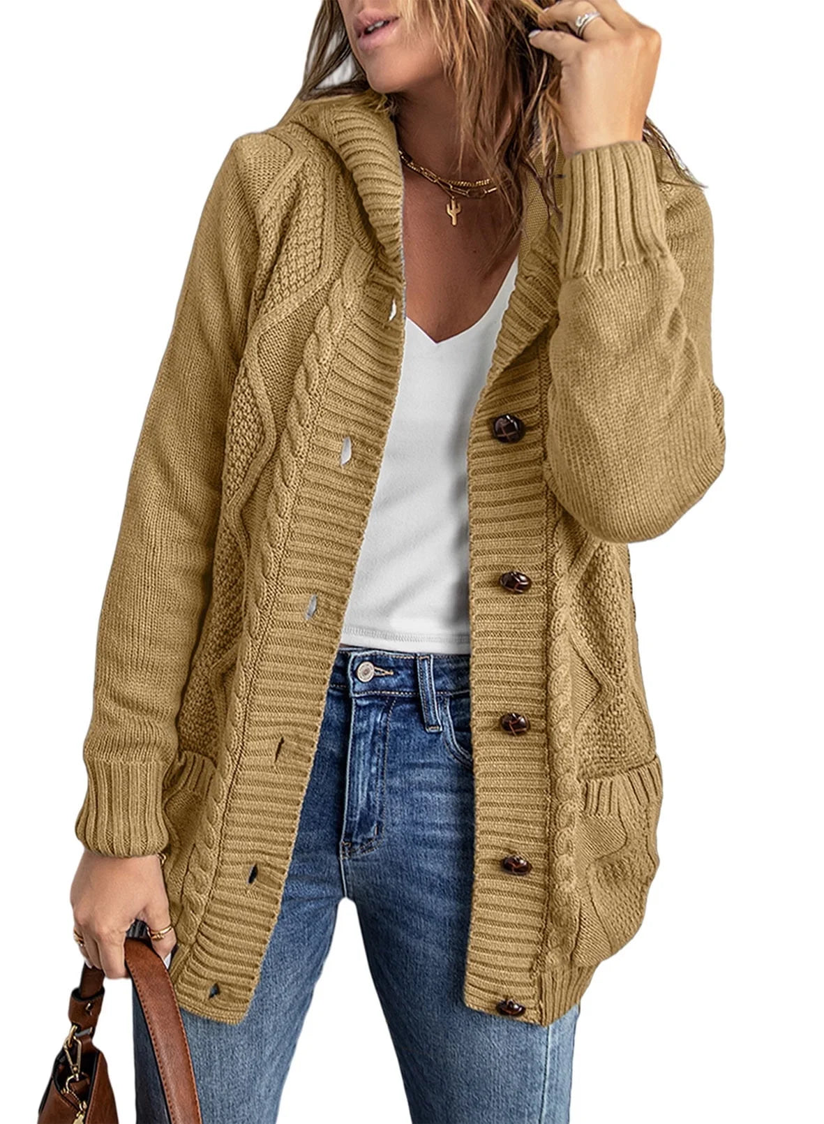 Hooded Cardigan Sweaters for Women Long Sleeve Button down Knit Sweater Coat Outwear with Pockets