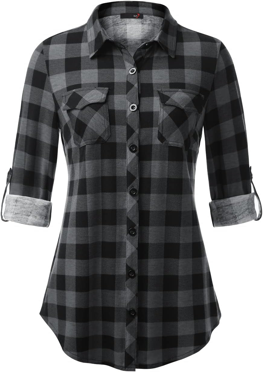 Women’S Roll up Long Sleeve Collared Button down Plaid Shirt