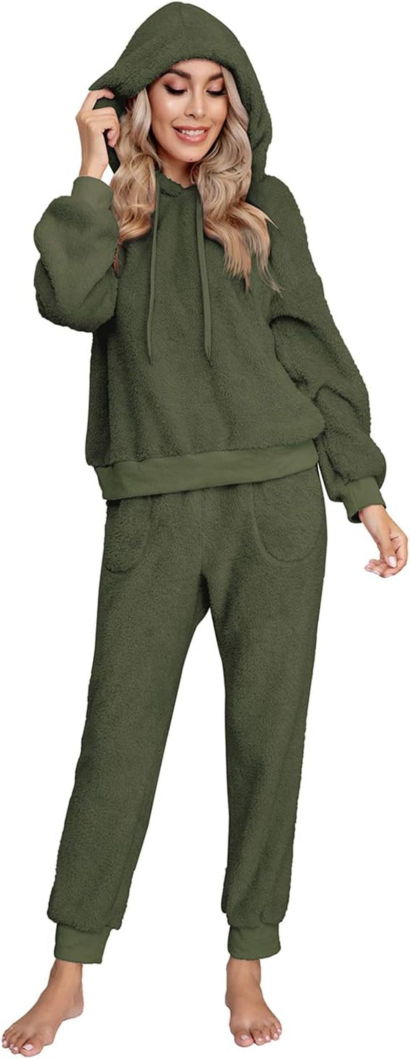 Womens Fuzzy Sherpa Fleece Pajamas Set, Long Sleeve Hoodies Pajama Pants 2 Piece Outfits Loungewear Sleepwear