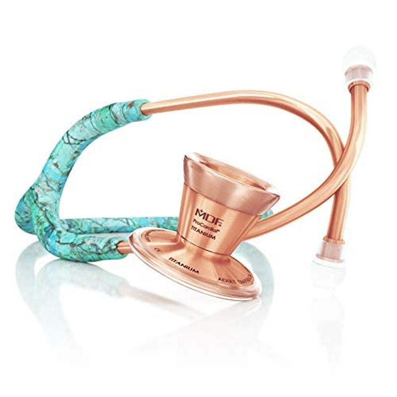 MDF Turquoise Rose Gold Procardial Cardiology Stethoscope, Lightweight Titanium, Adult, Dual Head, Free-Parts-For-Life, Turquoise Tube, Rose Gold Chestpiece-Headset, MDF797TTQRG