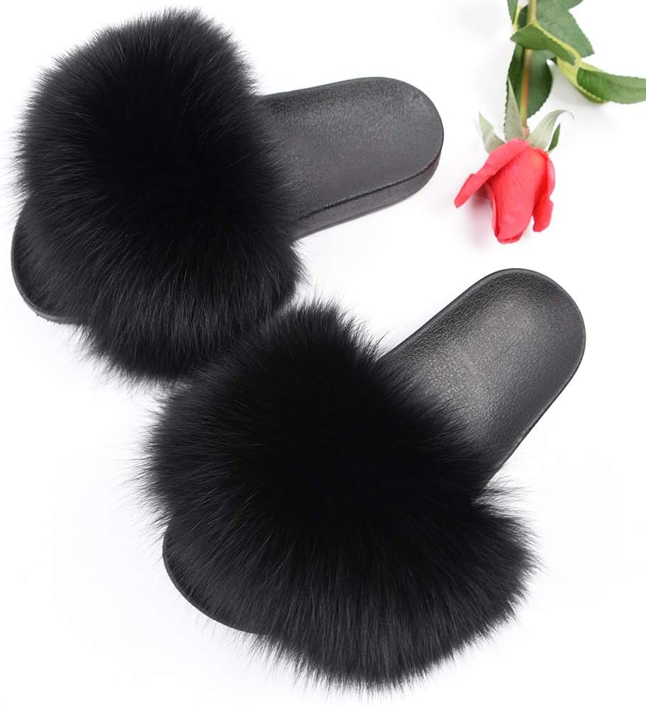 Real Fox Fur Slides for Women - Furry Slides Fluffy Fur Slippers Open Toe Flat Slides Fur Sandals Outdoor