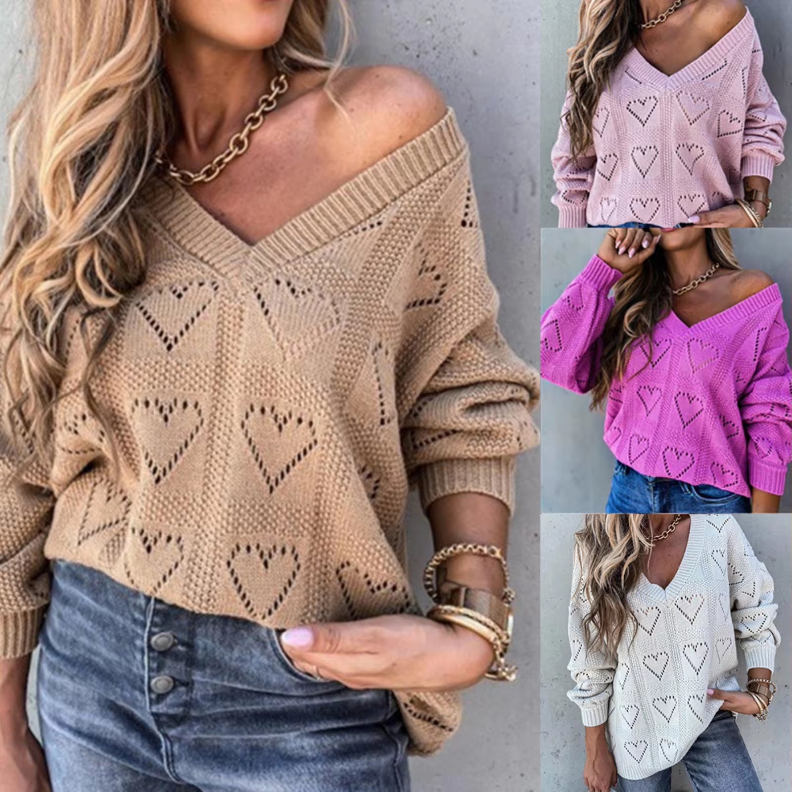 Hollow Crochet Sweater Women Autumn Winter Love Heart Loose Knitwear Women'S Clothing Кофта Женская Pull Femme 2023