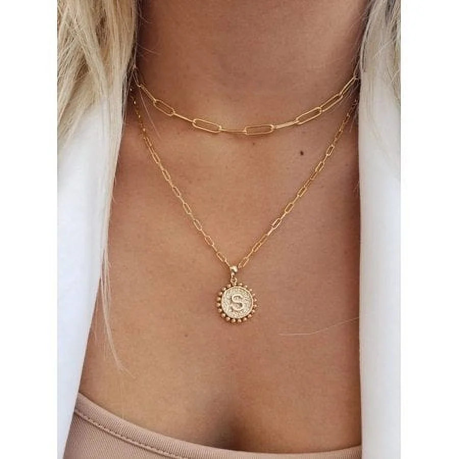 Gold Initial Necklaces for Women Girls 14K Gold Plated Dainty Layering Paperclip Link Chain Necklace Coin Initial Layered Gold Necklaces for Women