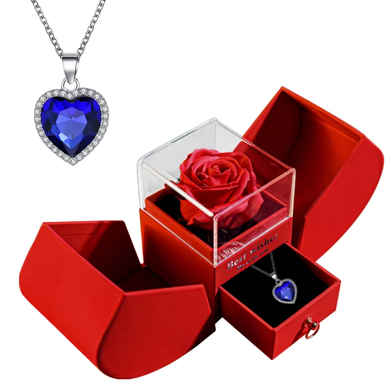 Gift for Women Eternal Rose Gift Box /W Heart Shiny Diamond Necklace Pendant Jewelry Box Set for Wedding Birthday Gift